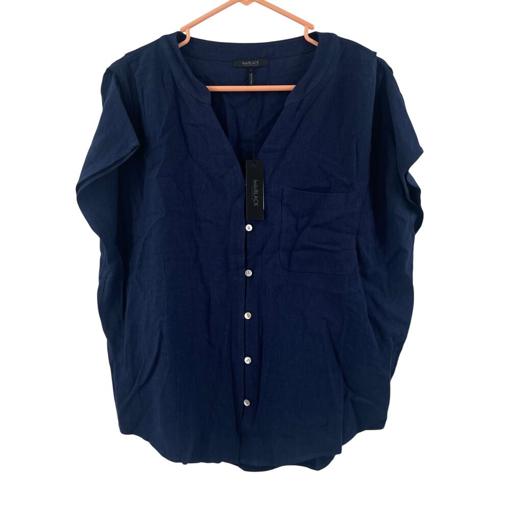 BOBI BLACK Blouse Small Linen Blend Navy NWT Button Down Dolman Style Casual